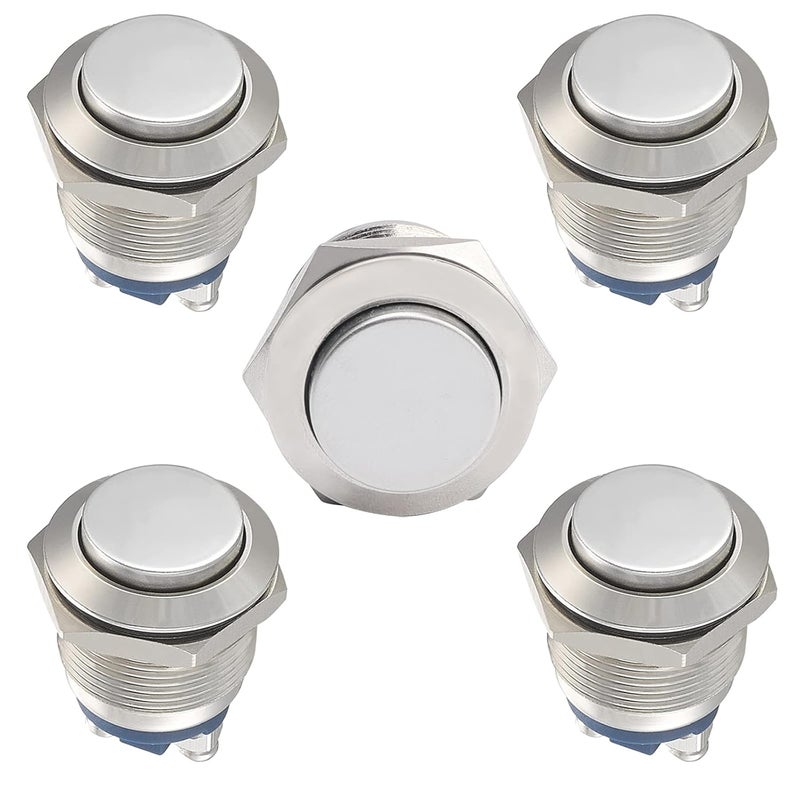 STARELO 5pcs 19mm Momentary Push Button Switch Sliver Shell, IP65 Waterproof Push Button Switch,Copper Shell 1 Normally Open Without LED. - Image 1